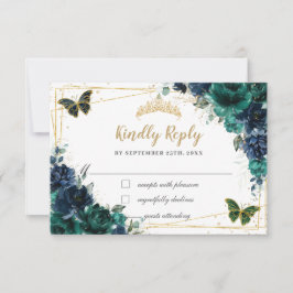Cartão RSVP Emerald Green Marinho Borboletas Florais Quinceañe