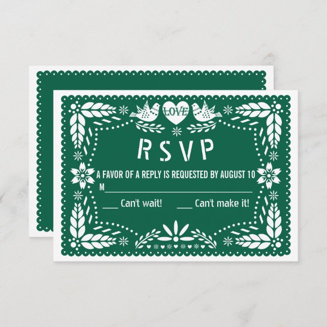 Cartão RSVP Emerald Green papel picado amor casamento de pássa (Frente/Verso)