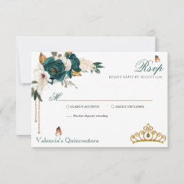 Cartão RSVP Emerald Green Rosas Dourados Tiara Quinceanera