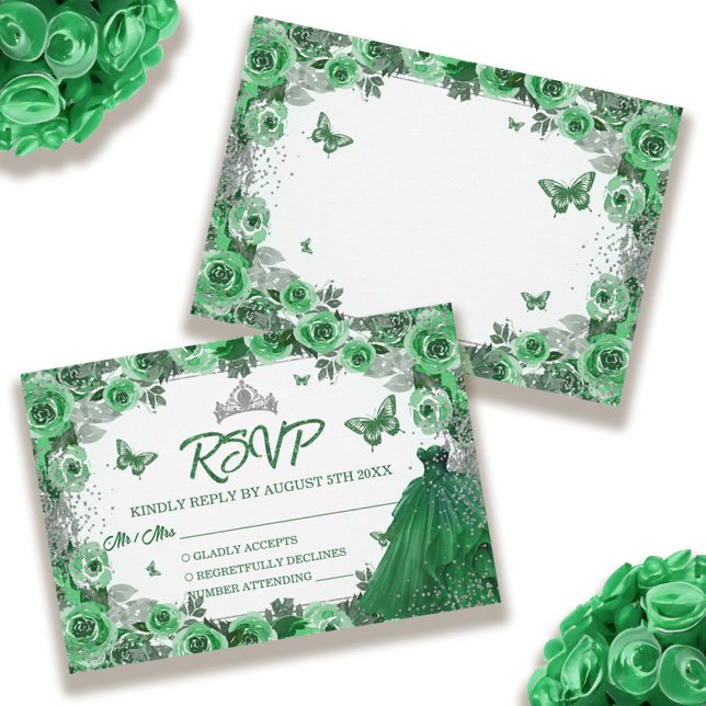 Cartão RSVP Emerald Green Silver Glitter Floral Quinceanera (Emerald Green Silver Glitter Floral Quinceanera RSVP Card)