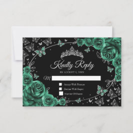 Cartão RSVP Emerald Green Silver Quinceanera Reply