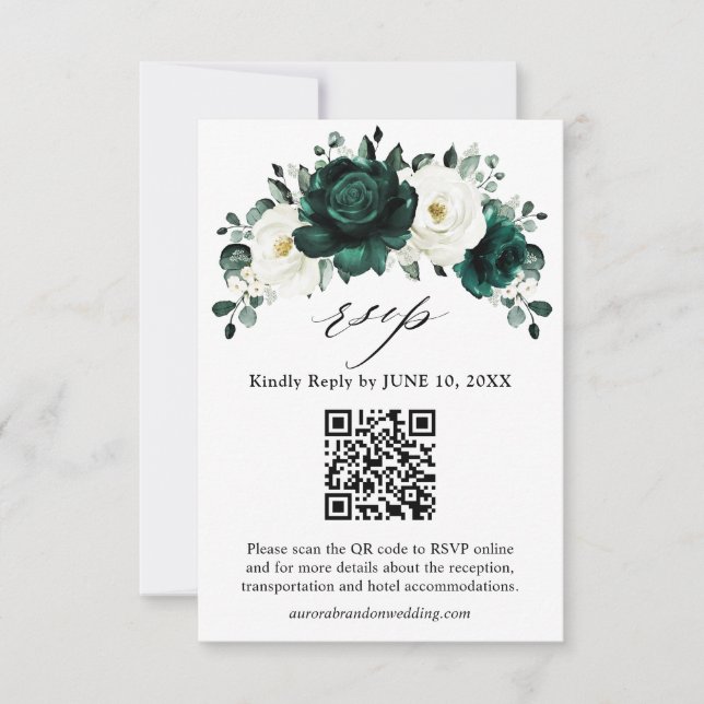 Cartão RSVP Emerald Greenery Eucalyptus White Floral Casamento (Frente)