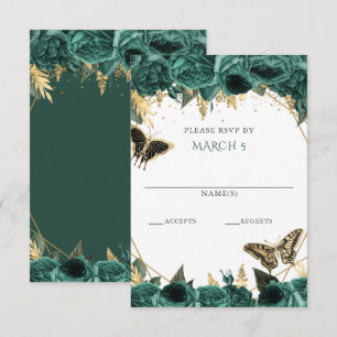 Cartão RSVP Emerald Verde Dourado Floral Borboletas Quinceaner