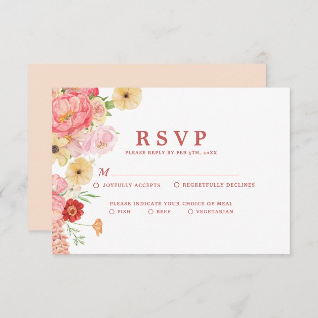 Cartão RSVP Encantando Casamento de pêssego Floral de Aquarela (Frente/Verso)