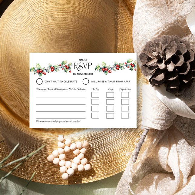 Cartão RSVP Entrada de casamento de inverno com azevinho e bag (RSVP with Entree Selection from the Holly Bells Wedding Collection by Darling & May)
