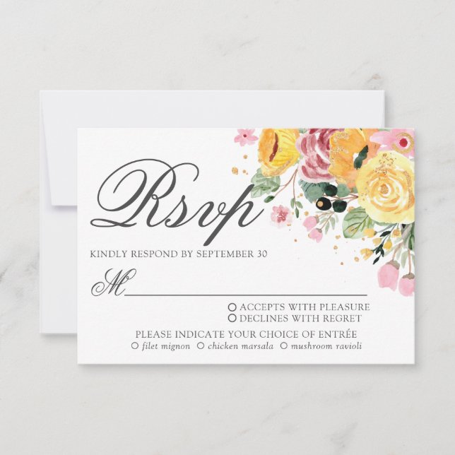 Cartão RSVP Escolha da Refeição de Casamento Floral de Waterco (Frente)
