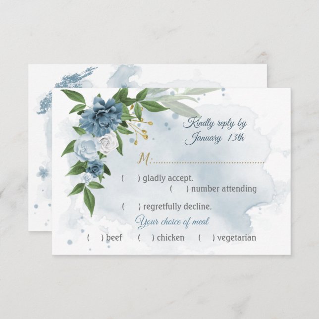 Cartão RSVP escolha da refeição verde das flores azuis românti (Frente/Verso)