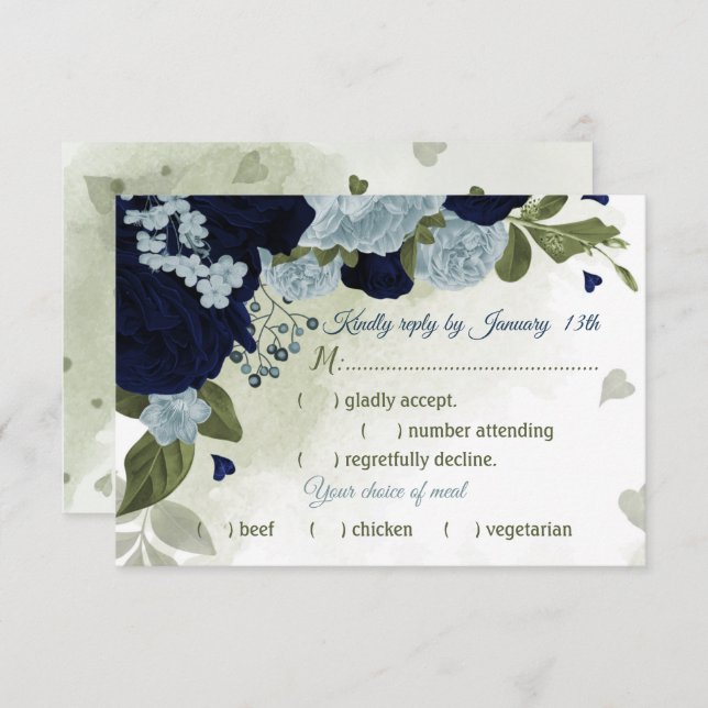 Cartão RSVP Escolha de farinha azul de flores, poeirenta, com  (Frente/Verso)