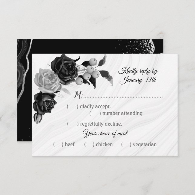 Cartão RSVP escolha de refeição de flores pretas e prateadas (Frente/Verso)