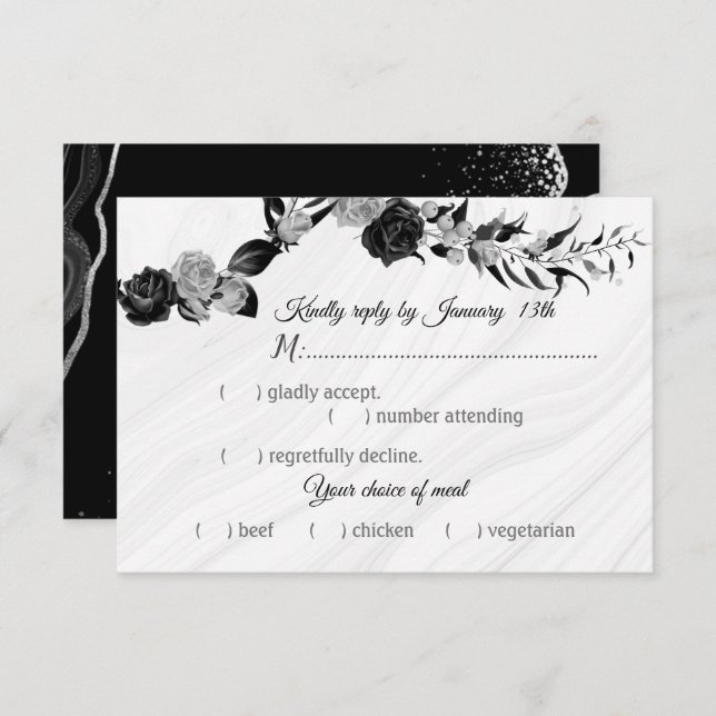 Cartão RSVP escolha de refeição de flores pretas e prateadas (Frente/Verso)
