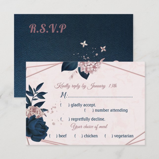 Cartão RSVP escolha de refeição geométrica com flores navy e d (Frente/Verso)