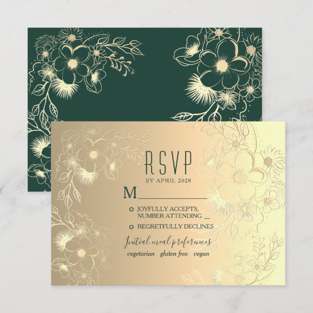 Cartão RSVP Escolha de Refeição para Casamento de Ouro (Frente/Verso)