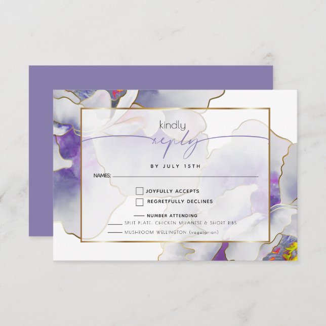 Cartão RSVP Escolha de Refeições Florais Exóticas Roxas (Frente/Verso)