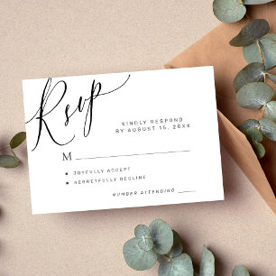 Cartão RSVP Escrita de caligrafia elegante casamento preto e b