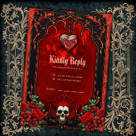 Cartão RSVP Escuridão real, coração gótico e crânio.