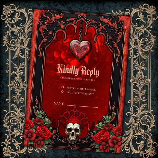 Cartão RSVP Escuridão real, coração gótico e crânio. (Criador carregado)