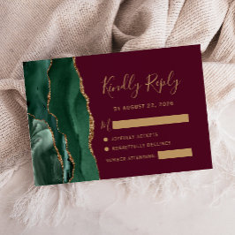 Cartão RSVP Esmeralda Verde Dourado Ágata Burgundy Casamento