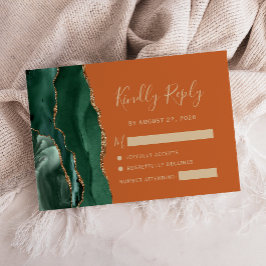 Cartão RSVP Esmeralda Verde Dourado Ágata Queimada Laranja Cas