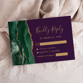Cartão RSVP Esmeralda Verde Dourado Ágata Roxo Casamento
