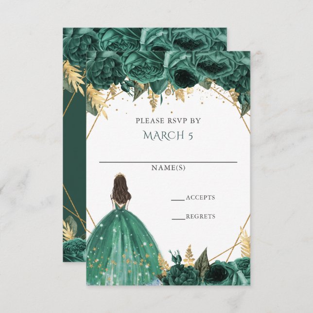 Cartão RSVP Esmeralda Verde Dourado Floral Princesa Quinceaner (Frente/Verso)
