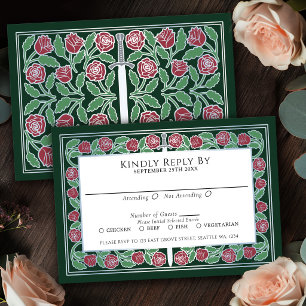 Cartão RSVP Espada Floral Prateada Medieval Verde Casamento Re