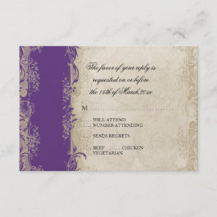 Cartão RSVP Estilo Art Deco Pavão Púrpura em Cream Vintage Lac