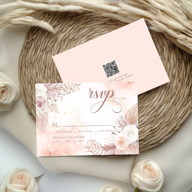 Cartão RSVP Estilo Boho Elegante Código QR Floral Rosa Rose (Criador carregado)