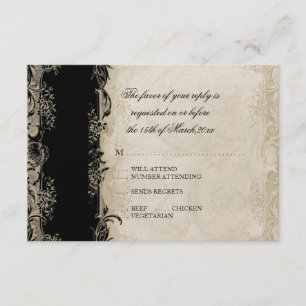 Cartão RSVP Estilo de Arte Pavão Preto n Cream Lace Vintage