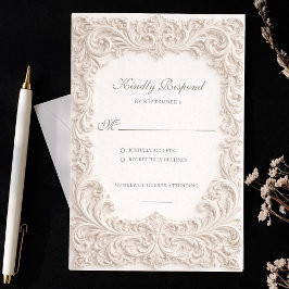 Cartão RSVP Estilo Repuxado Casamento com Rolo Rococó Marfim
