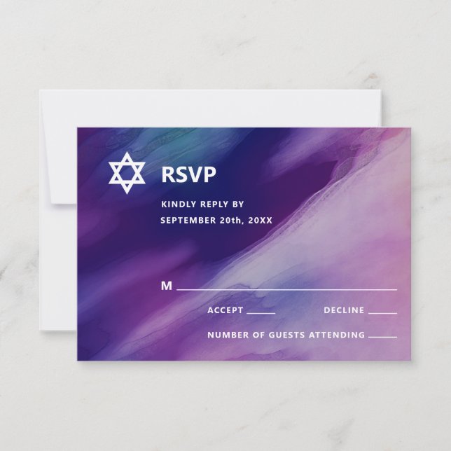 Cartão RSVP Estrela Azul Roxa Moderna David Bar Mitzvah Hebrai (Frente)
