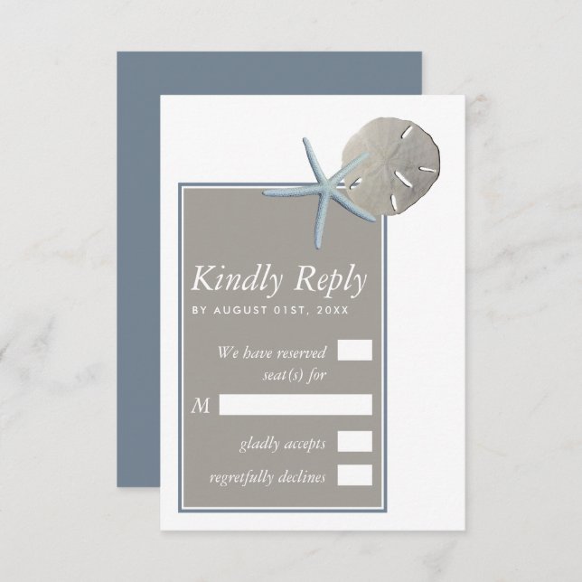 Cartão RSVP Estrela do Mar e Dólar de Areia - Casamento na Pra (Frente/Verso)