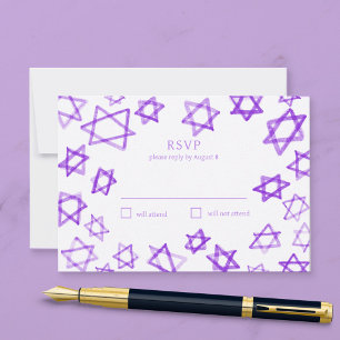 Cartão RSVP Estrela Púrpura de Watercolor de David Bat Mitzvah