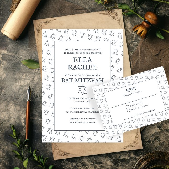 Cartão RSVP Estrela Simples de David Personalizado B'nai Bat B (Simple Star of David Custom B'nai Bat Bar Mitzvah RSVP Card Invitation
)