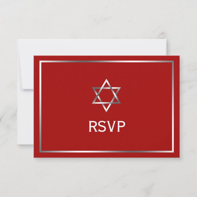 Cartão RSVP Estrela Vermelha de Prata de David Bar Mitzvah (Frente)