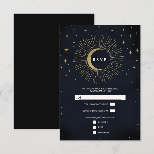 Cartão RSVP Estrelas Douradas Noite Ressonância Celestial Lua  (Frente/Verso)