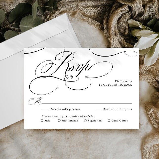 Cartão RSVP Eterno de caligrafia moderna Casamento preto e bra (Modern calligraphy timeless Black & white wedding RSVP Card)