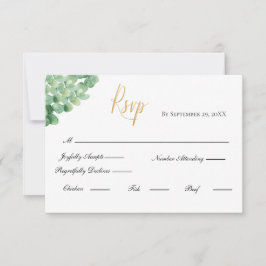 Cartão RSVP Eucalipto Dourado Script Casamento Formal Elegante