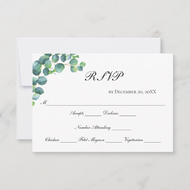 Cartão RSVP Eucalipto Moderno Script Elegante Casamento (Frente)