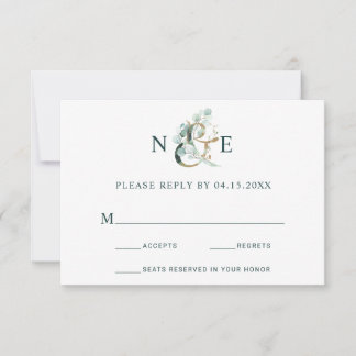 Cartão RSVP Eucalyptus Ampersand Dourado Casamento Verde