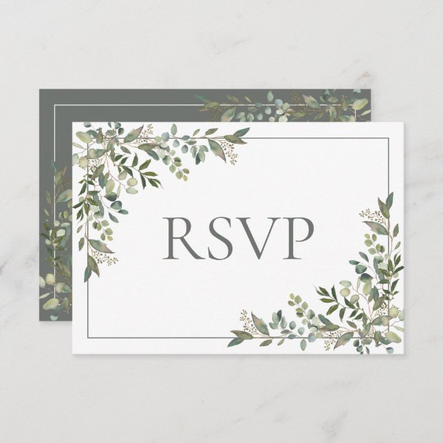 Cartão RSVP Eucalyptus Botanical Sage Green Script Weding RSV (Frente/Verso)
