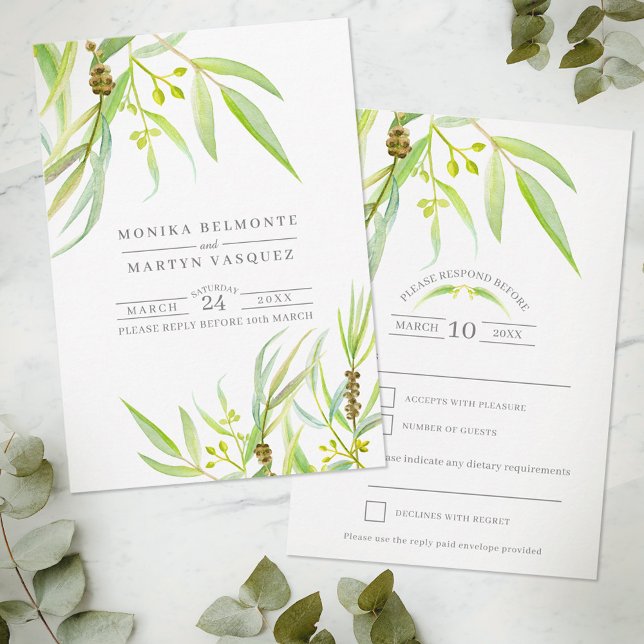 Cartão RSVP Eucalyptus deixa água verde casamento (Criador carregado)