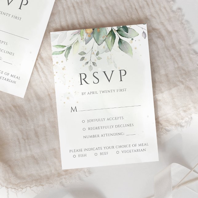 Cartão RSVP Eucalyptus Deixa Refeições Douradas Casamento (Criador carregado)