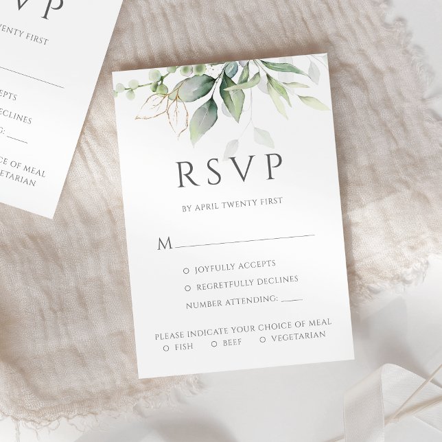 Cartão RSVP Eucalyptus Deixa Refeições Douradas Casamento (Criador carregado)