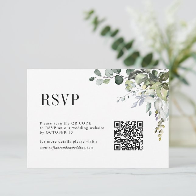 Cartão RSVP Eucalyptus deixa verde Russo Código QR de Casament (Em pé/Frente)