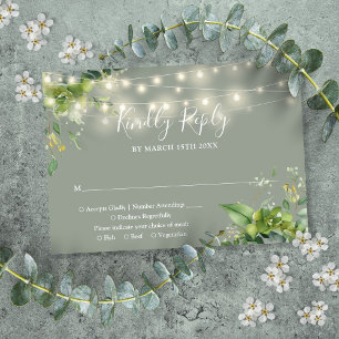Cartão RSVP Eucalyptus Floral String Lights Sage Casamento Ver