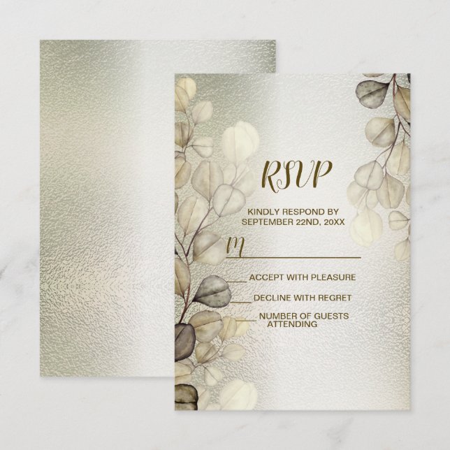 Cartão RSVP Eucalyptus Foliage Wedding Shiny Dourado com Aquar (Frente/Verso)