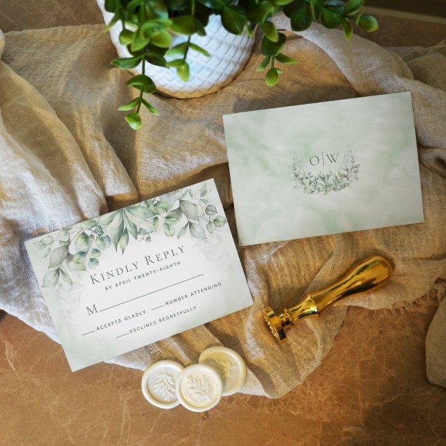 Cartão RSVP Eucalyptus Greenery Monograma Sage Casamento (Criador carregado)