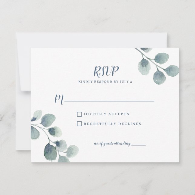 Cartão RSVP Eucalyptus Greenery Watercolor Foliage Dusty Blue (Frente)