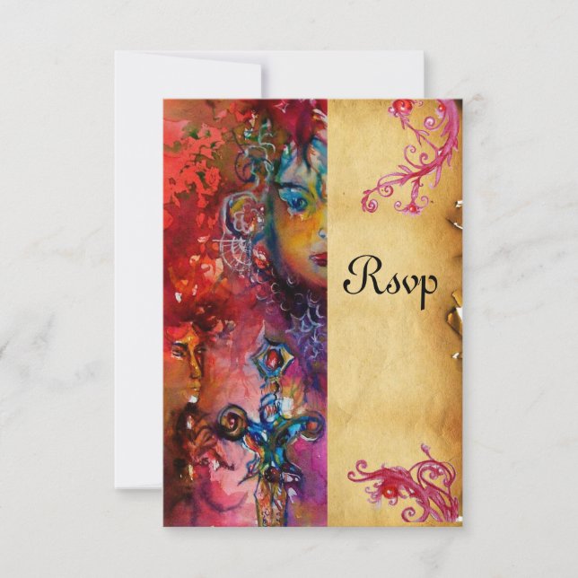 Cartão RSVP EXCALIBUR, vermelho brilhante, pergaminho azul rsv (Frente)