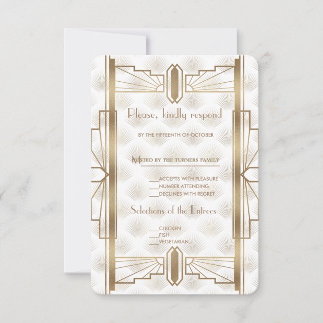 Cartão RSVP Excelente Charm Dourado Gatsby Art Deco 20s Weddin (Frente)